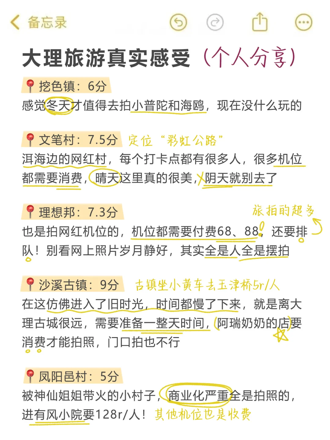 大理已回，景点打分（仅个人想法）