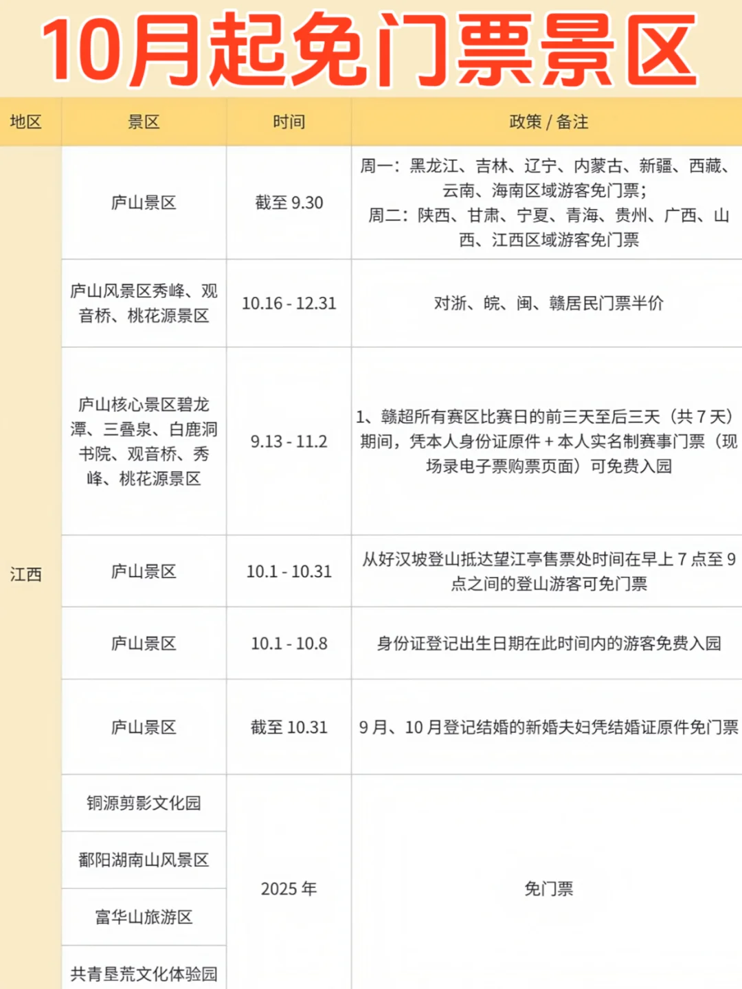 快收藏！10月这些景区都免票！附低价酒店