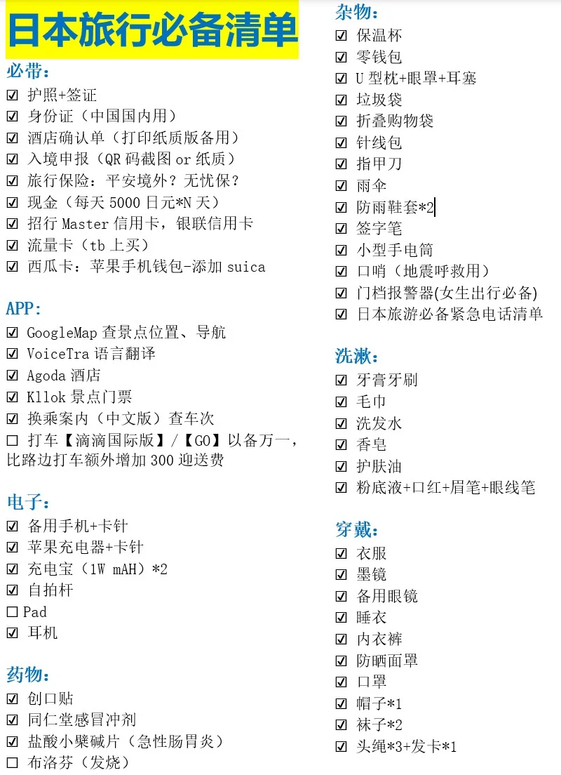 日本旅行_忘带会抓狂!必带清单&必备信息