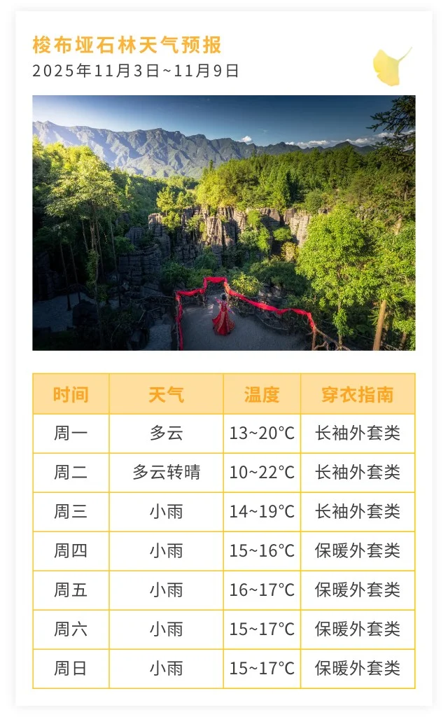 梭布垭石林景区天气预报11月3日~11月9日