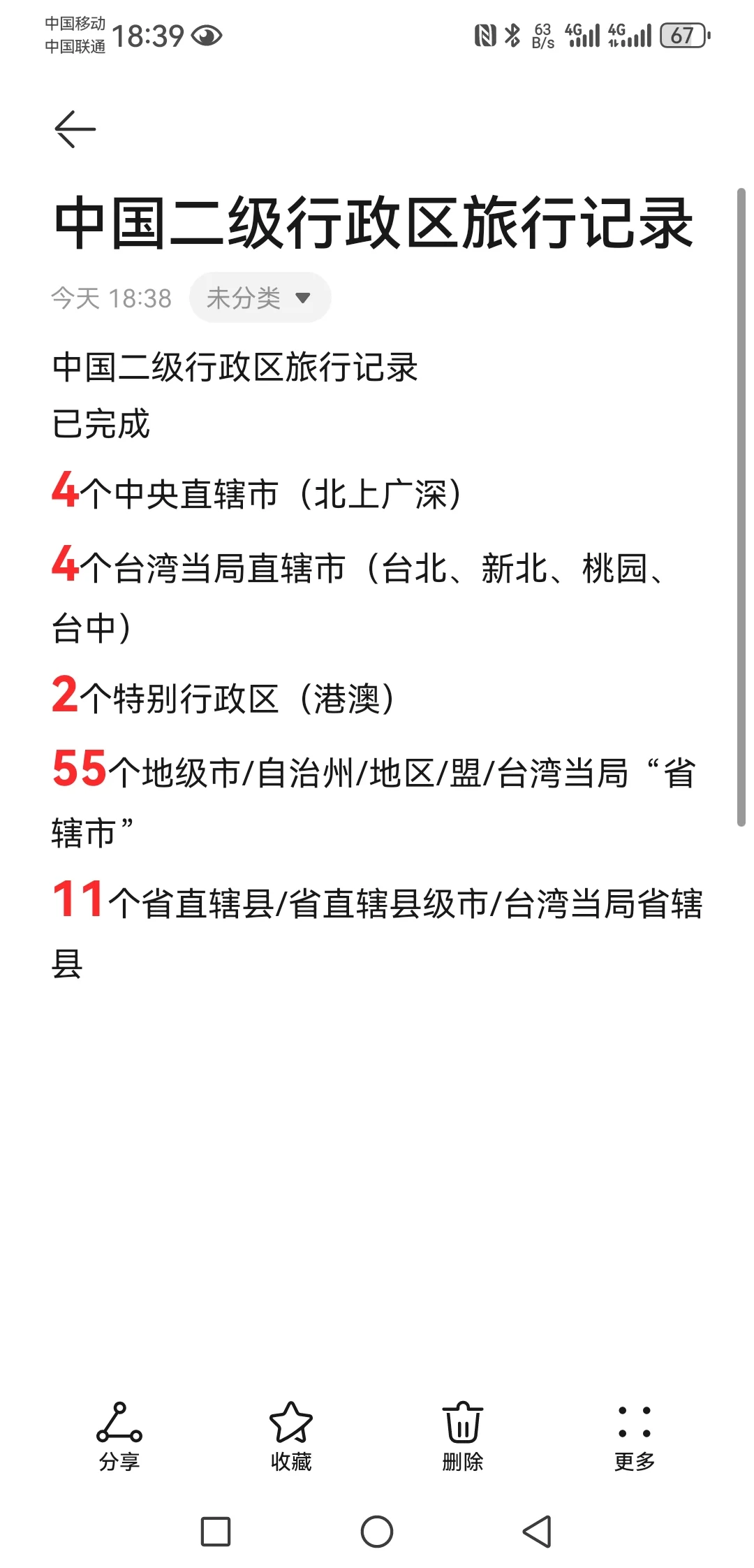 中国二级行政区旅行记录