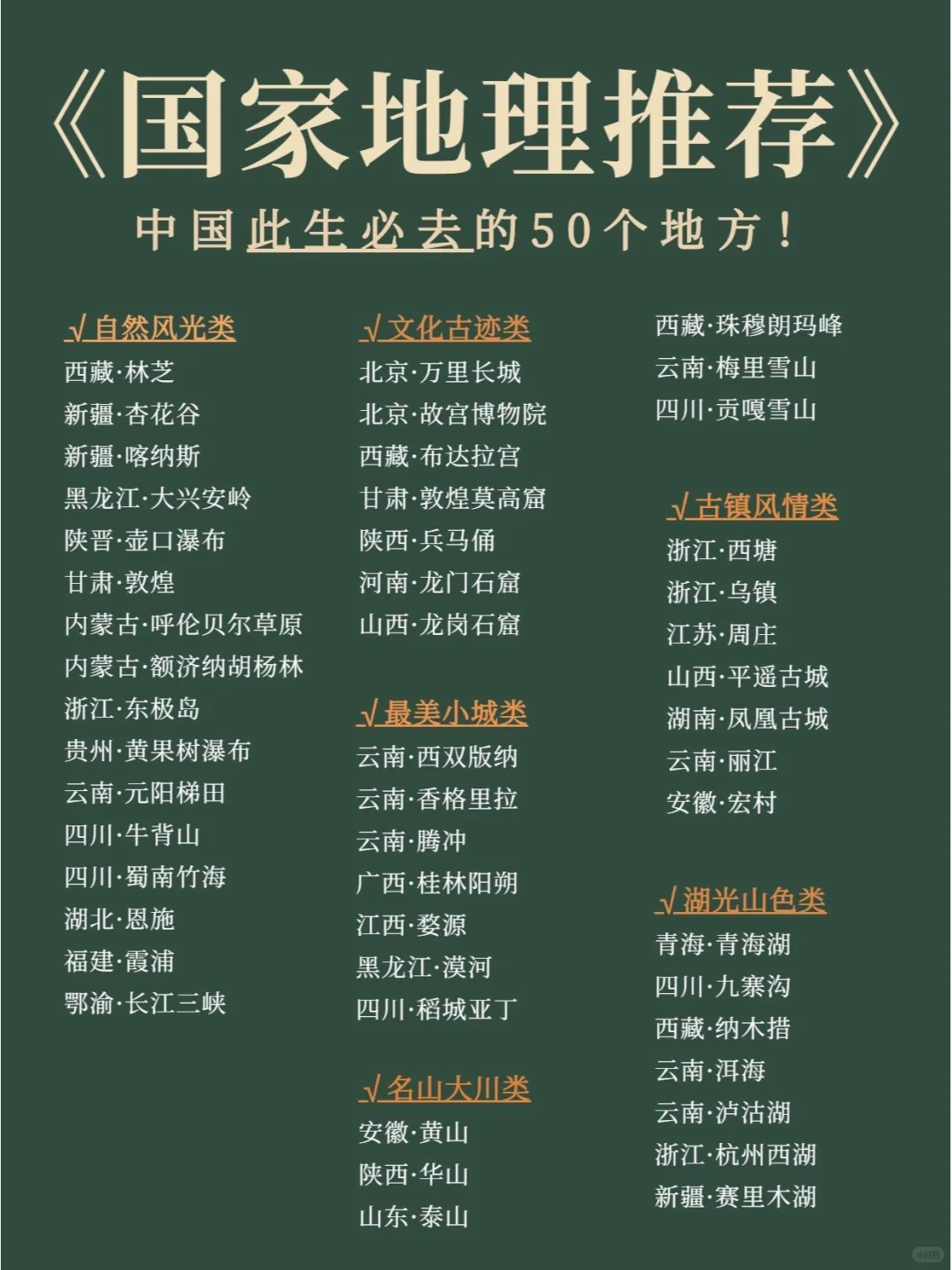 《国家地理》：中国一生必去的50个地方。