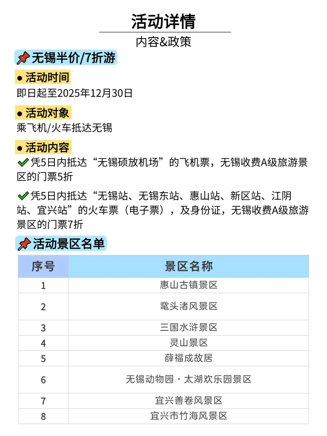 抵达无锡机票=景区半价游,火车票……