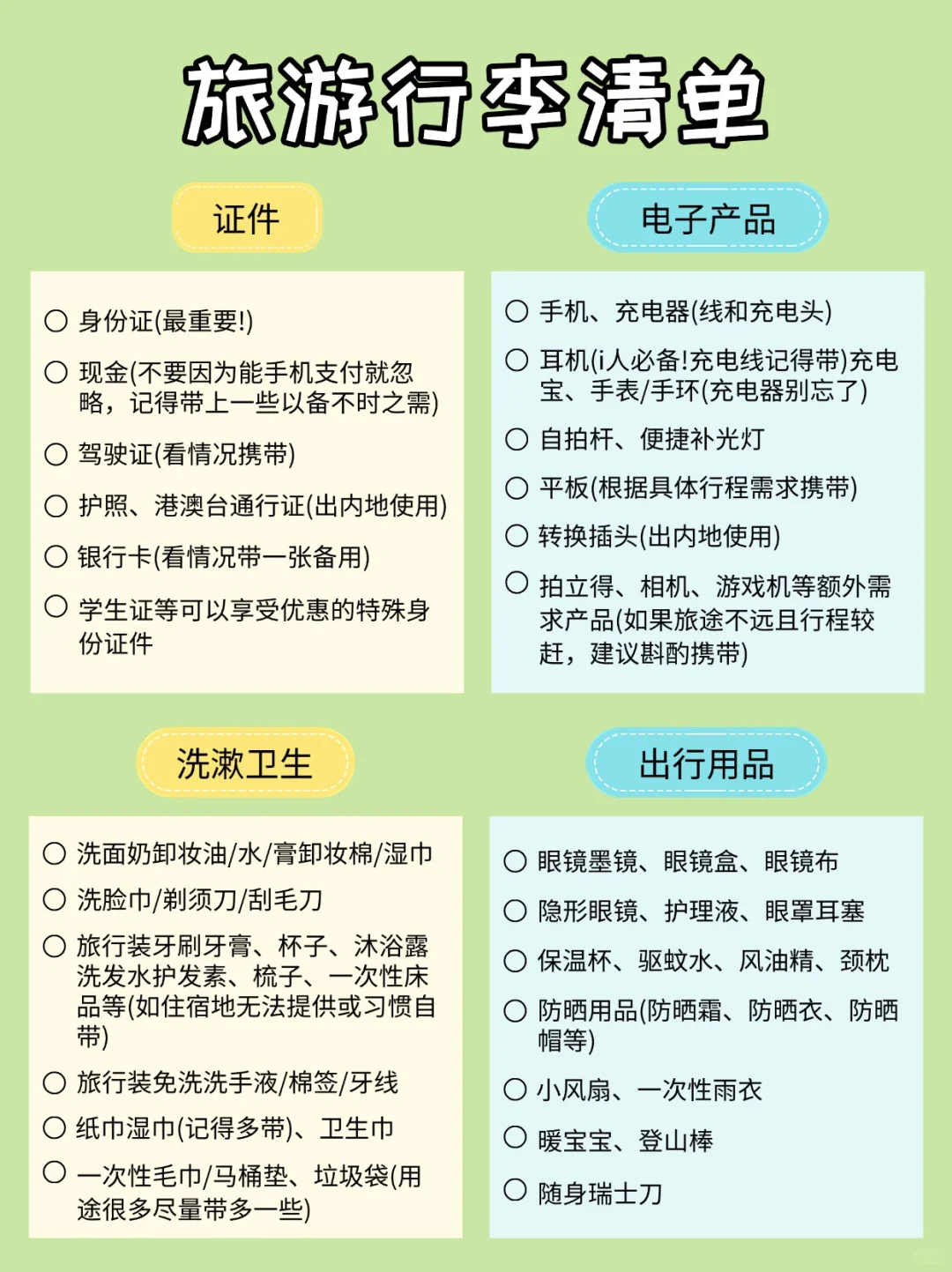 史上最全旅游必带物品清单