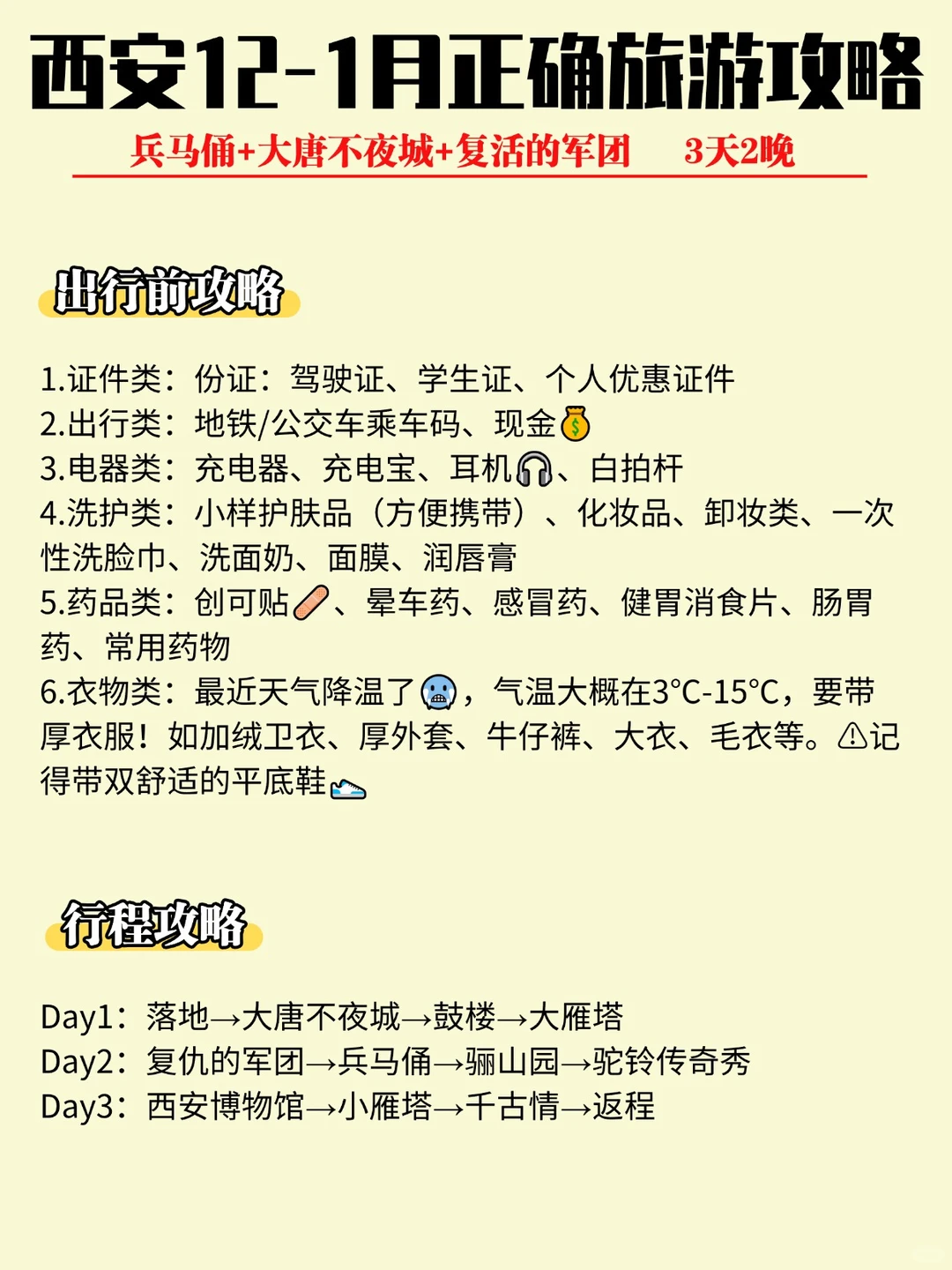 西安12-1月正确旅游攻略3天2夜游玩兵马俑