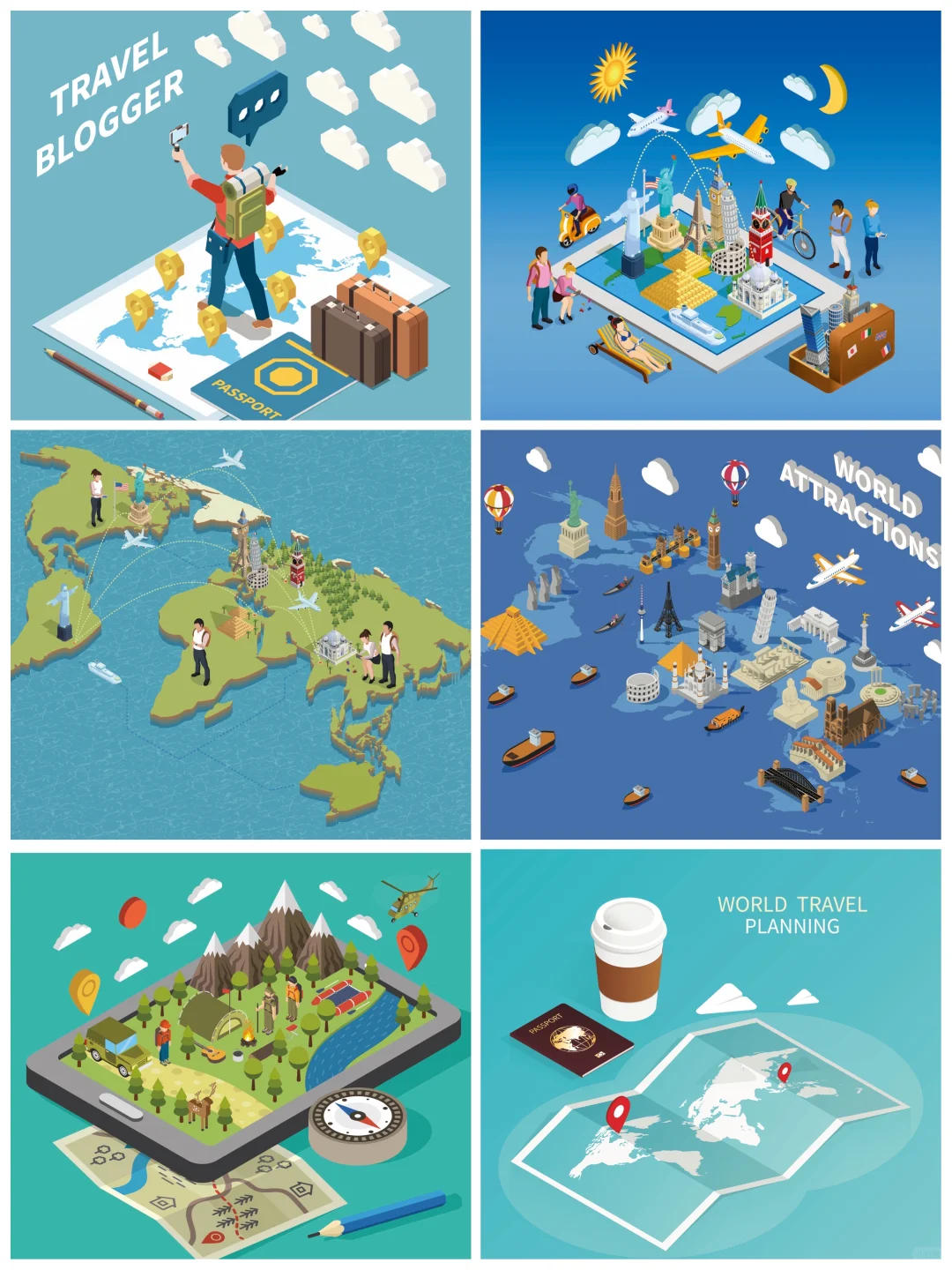 ai矢量素材｜2.5D等距旅游世界景点『2789』