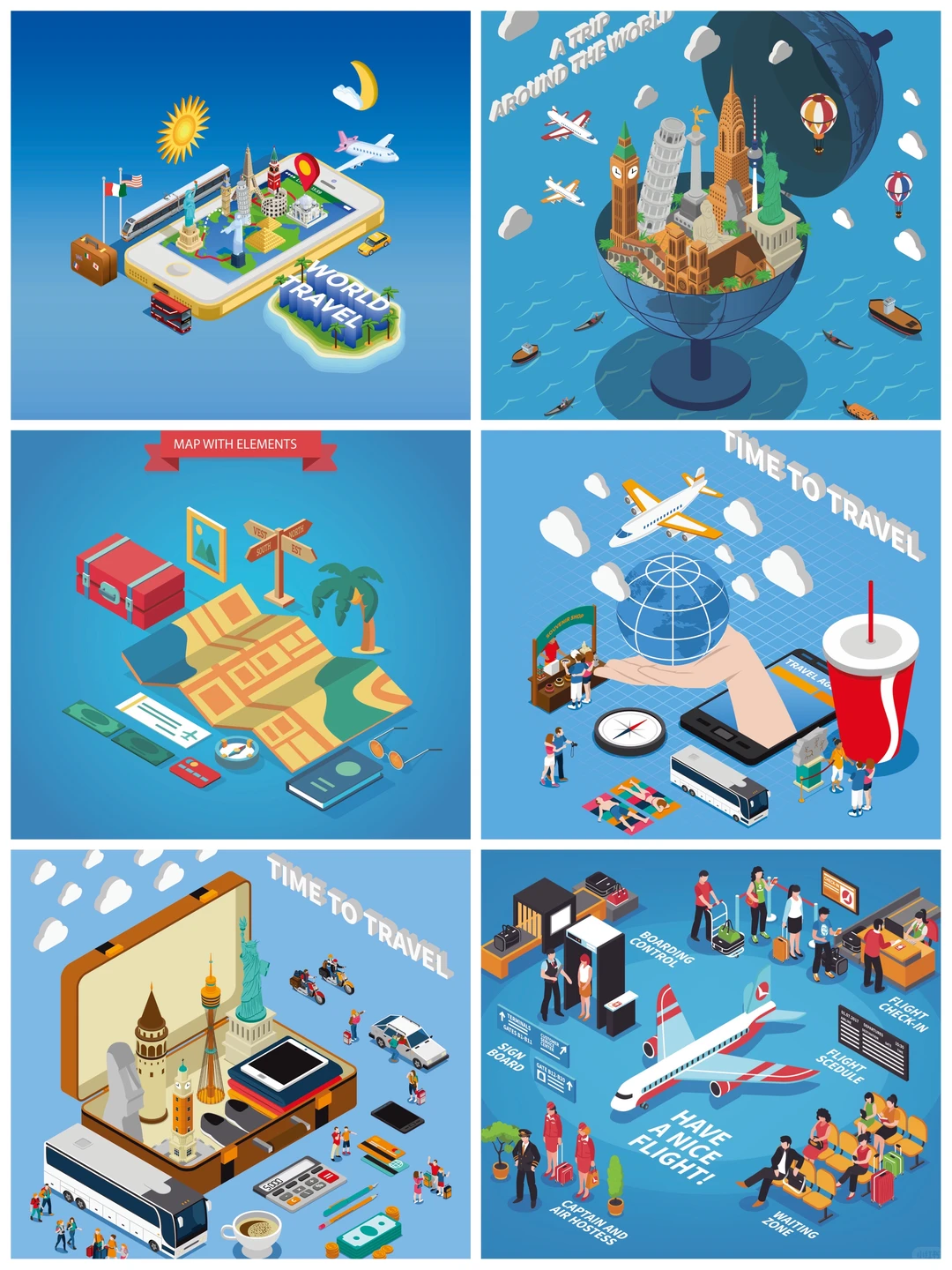 ai矢量素材｜2.5D等距旅游世界景点『2789』