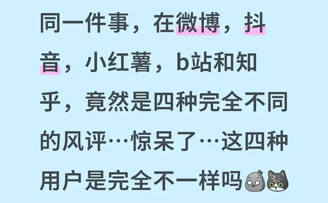 同一件事,在微博,抖音,小红薯,b站和知乎,竟然是五种完全不同的风评…惊呆了…这