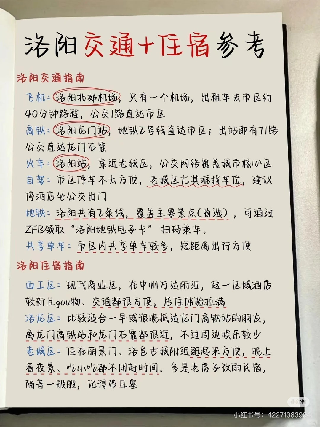 手写洛阳游玩攻略，