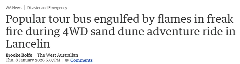 珀斯北部热门景点出事!旅游巴士突然起火,被烧成“空壳”