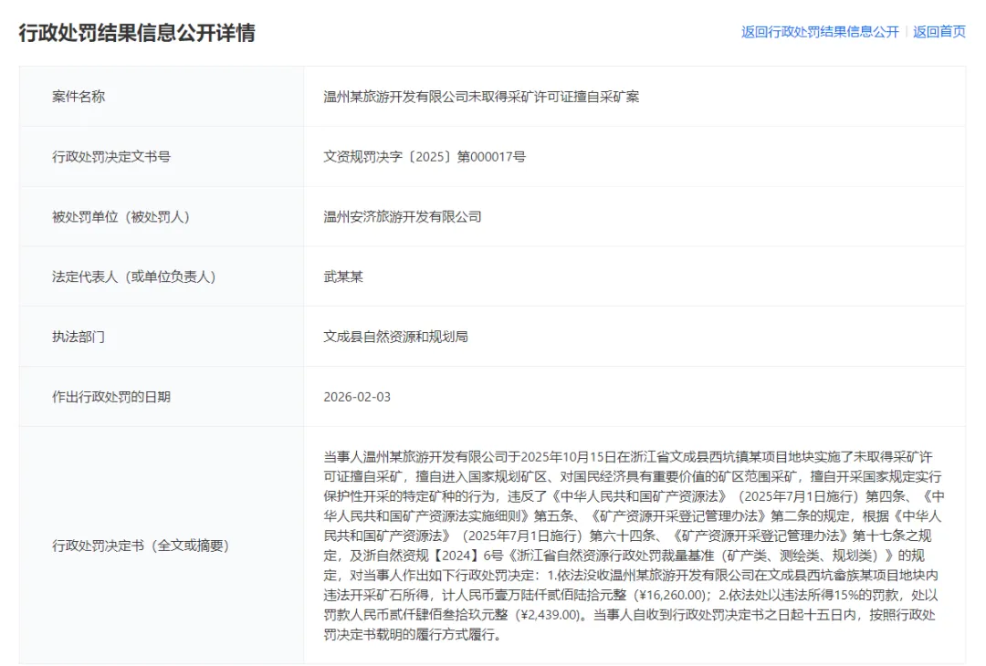 文成一旅游公司无证采矿受罚
