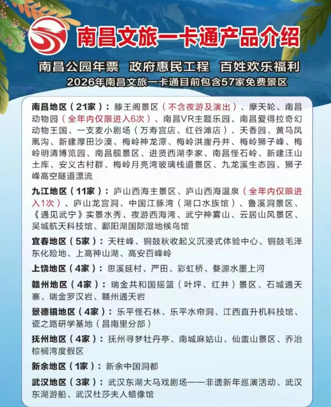 持南昌文旅一卡通,免费畅玩57家景区