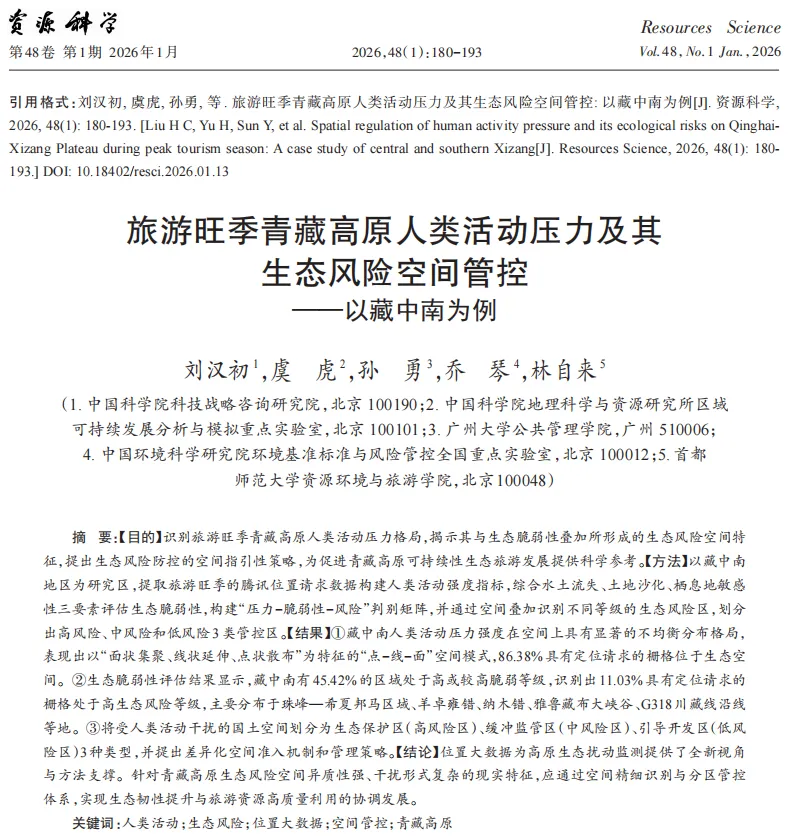 论文分享||旅游旺季青藏高原人类活动压力及其生态风险空间管控: 以藏中南为例