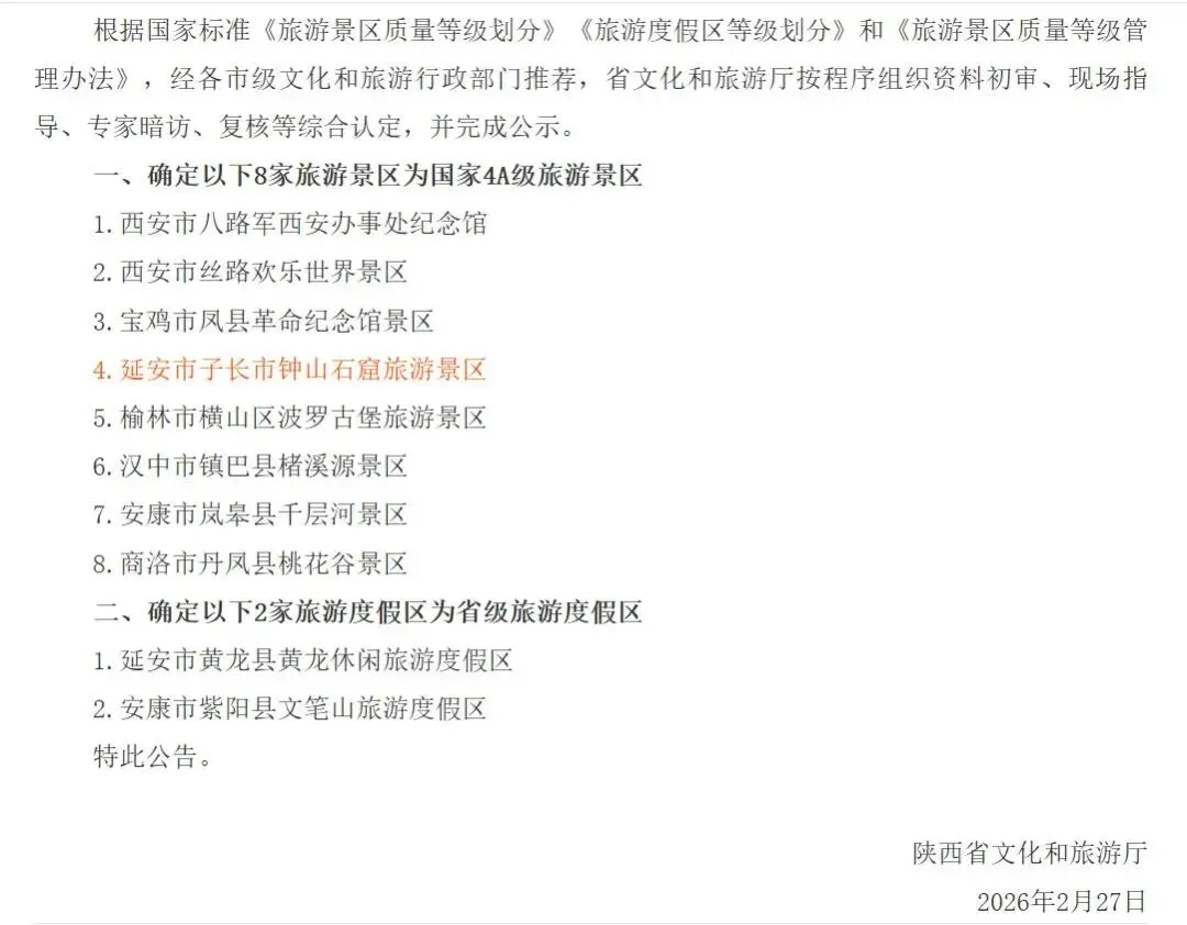 子长市钟山石窟旅游景区被评为国家4A级旅游景区!