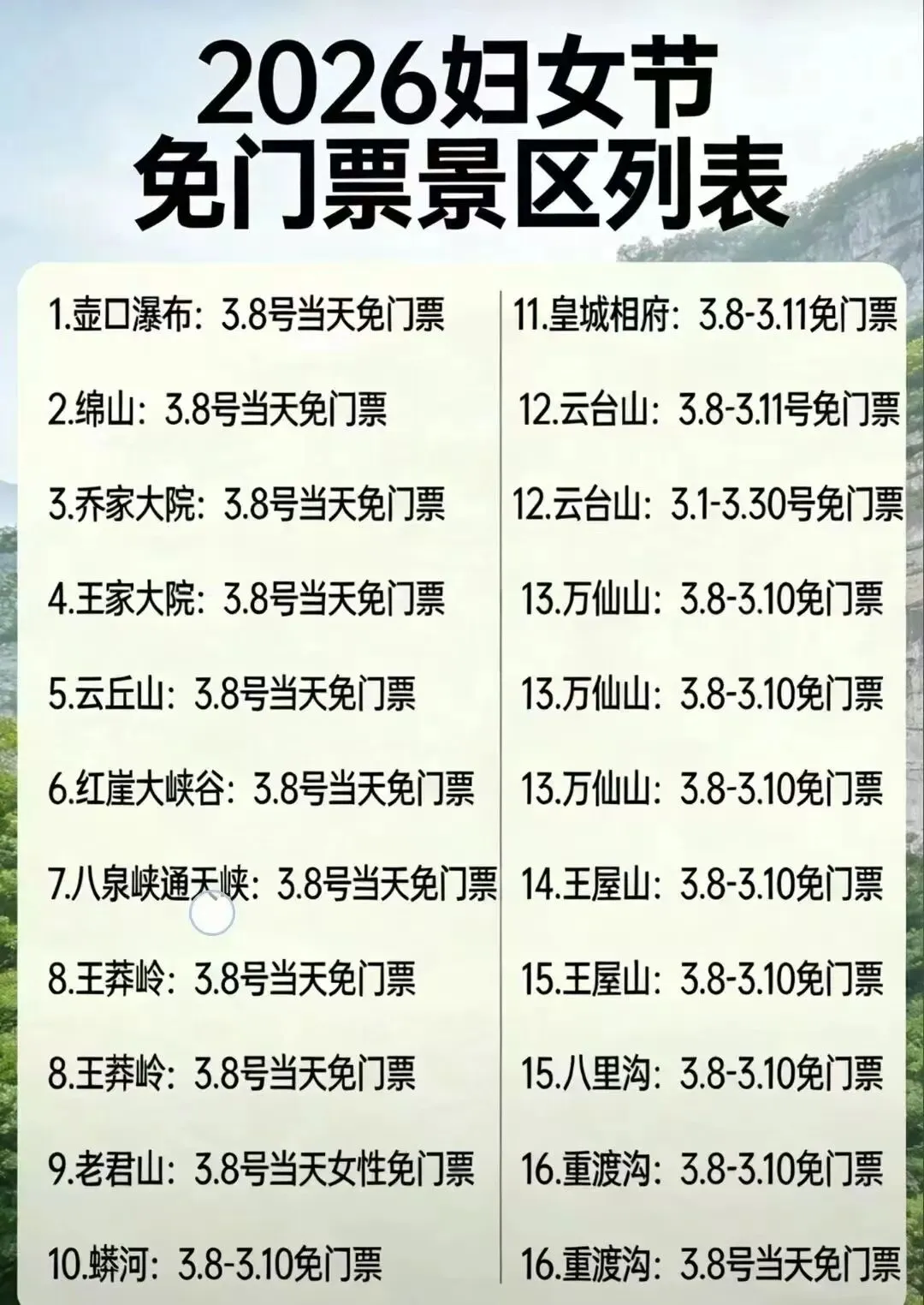 2026妇女节免门票景区如下