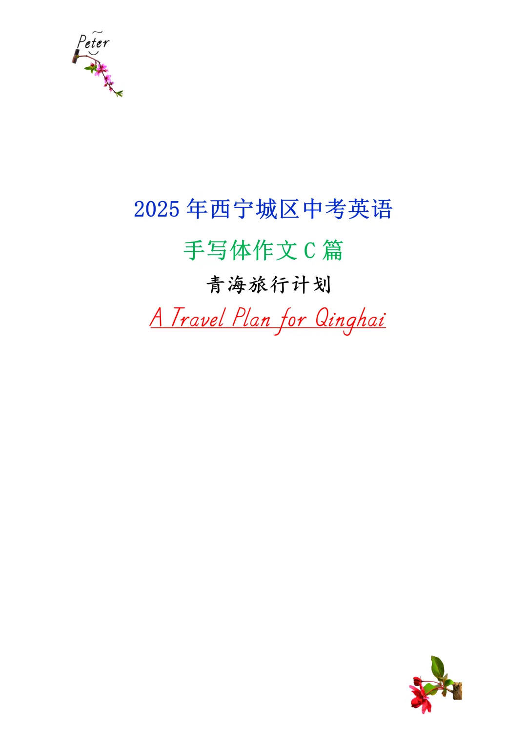 青海旅行计划-2025年西宁城区中考英语手写体作文C篇