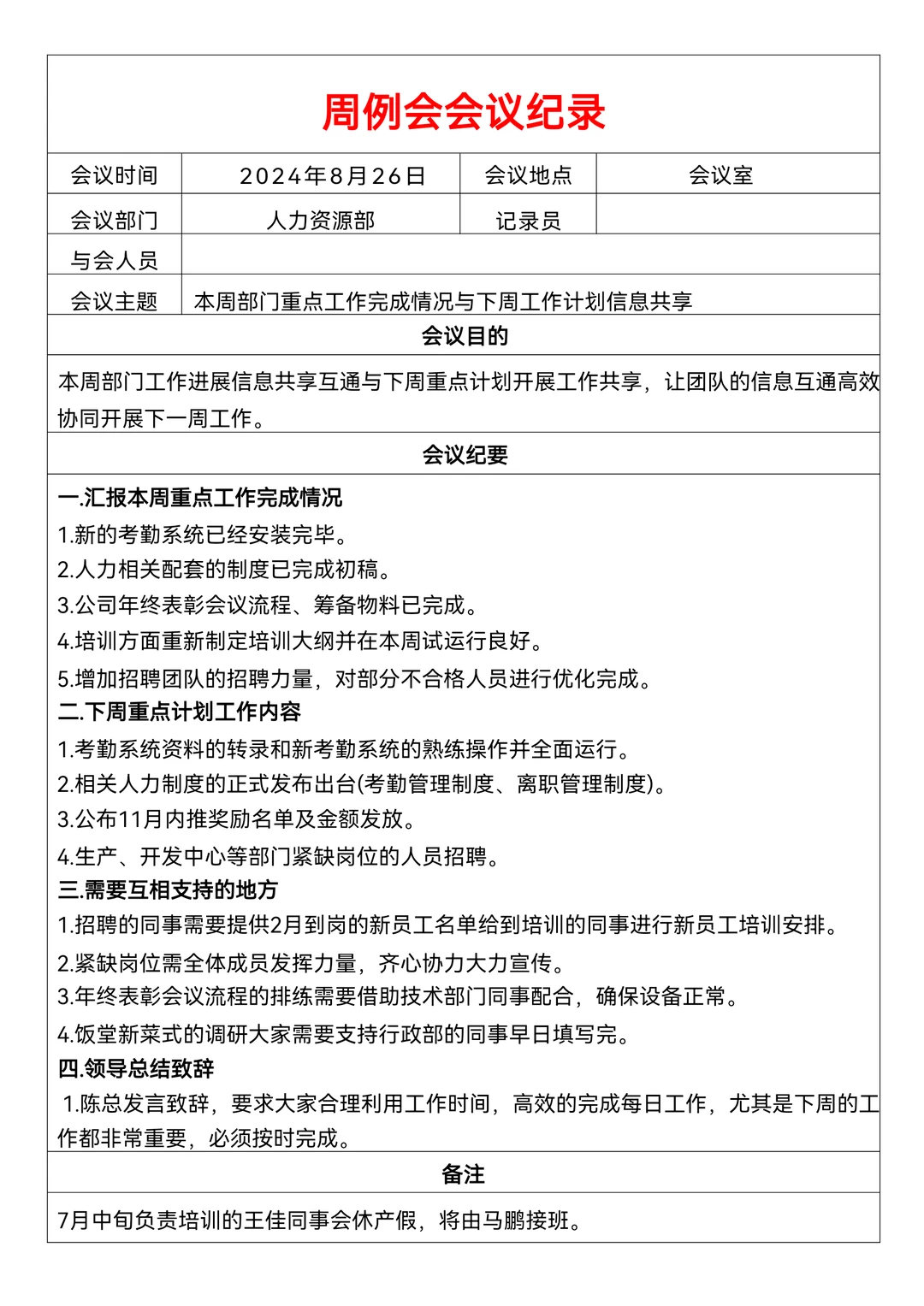 工作日报、周报、月报、周例会模板汇总