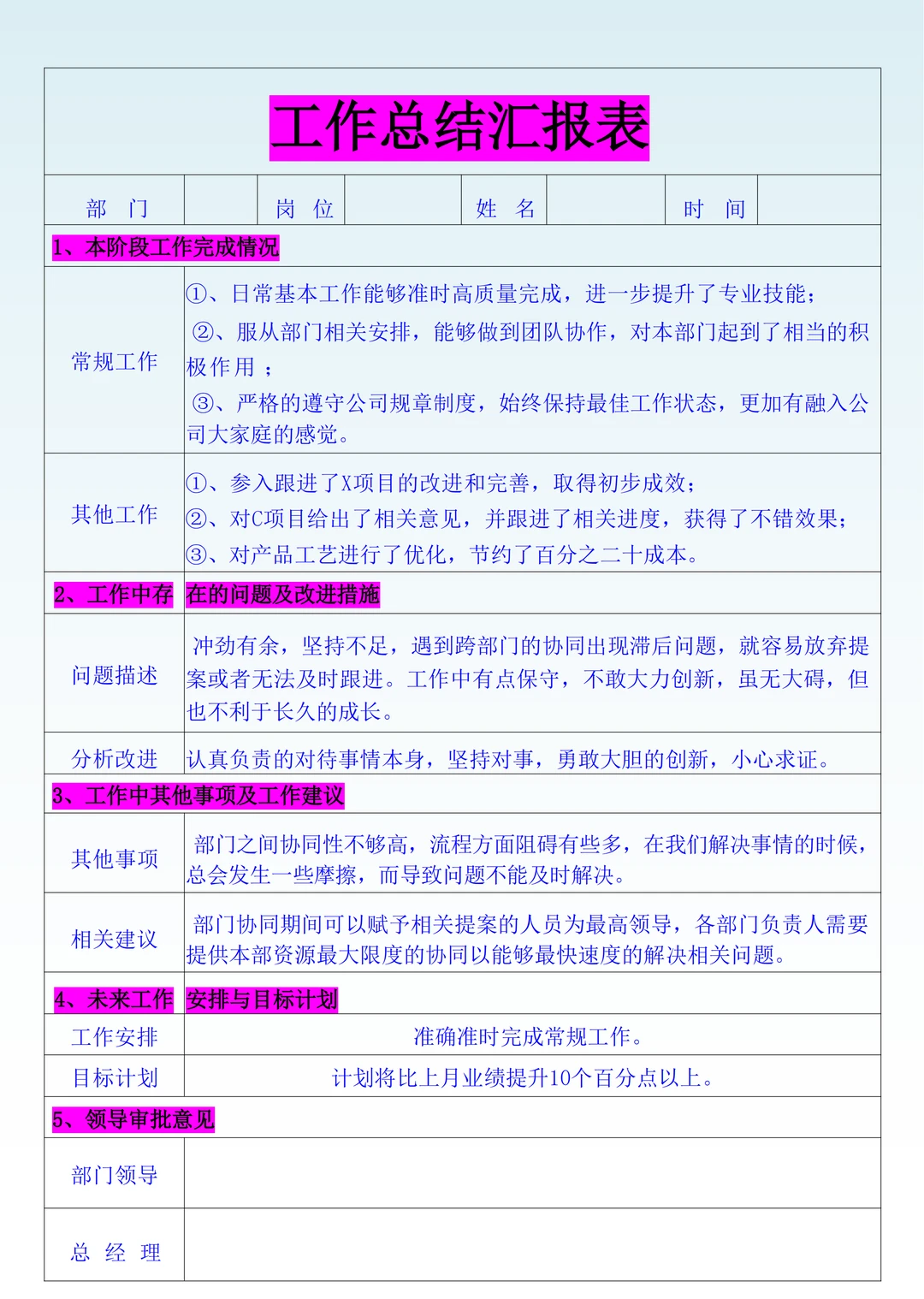 日工作计划、周工作总结、月度汇报表