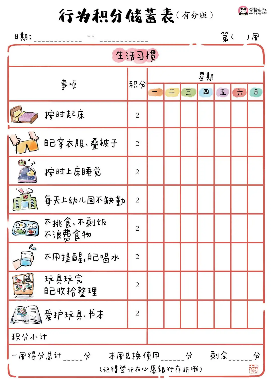 幼儿园好习惯|这个家庭积分激励表太可爱啦