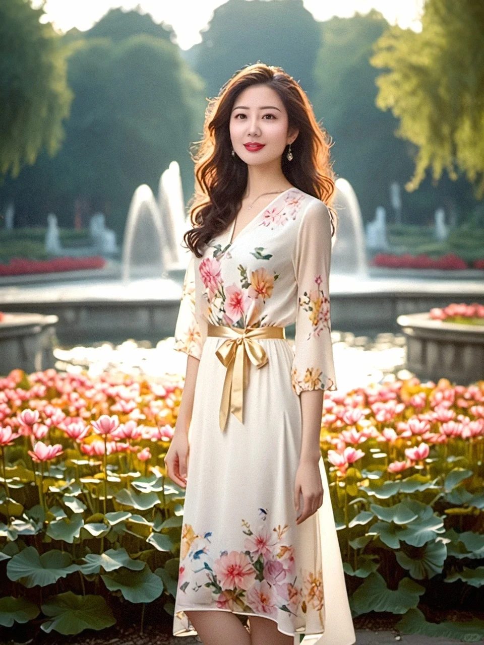 藕荷色碎花薄绉纱连衣裙-美女真人写真