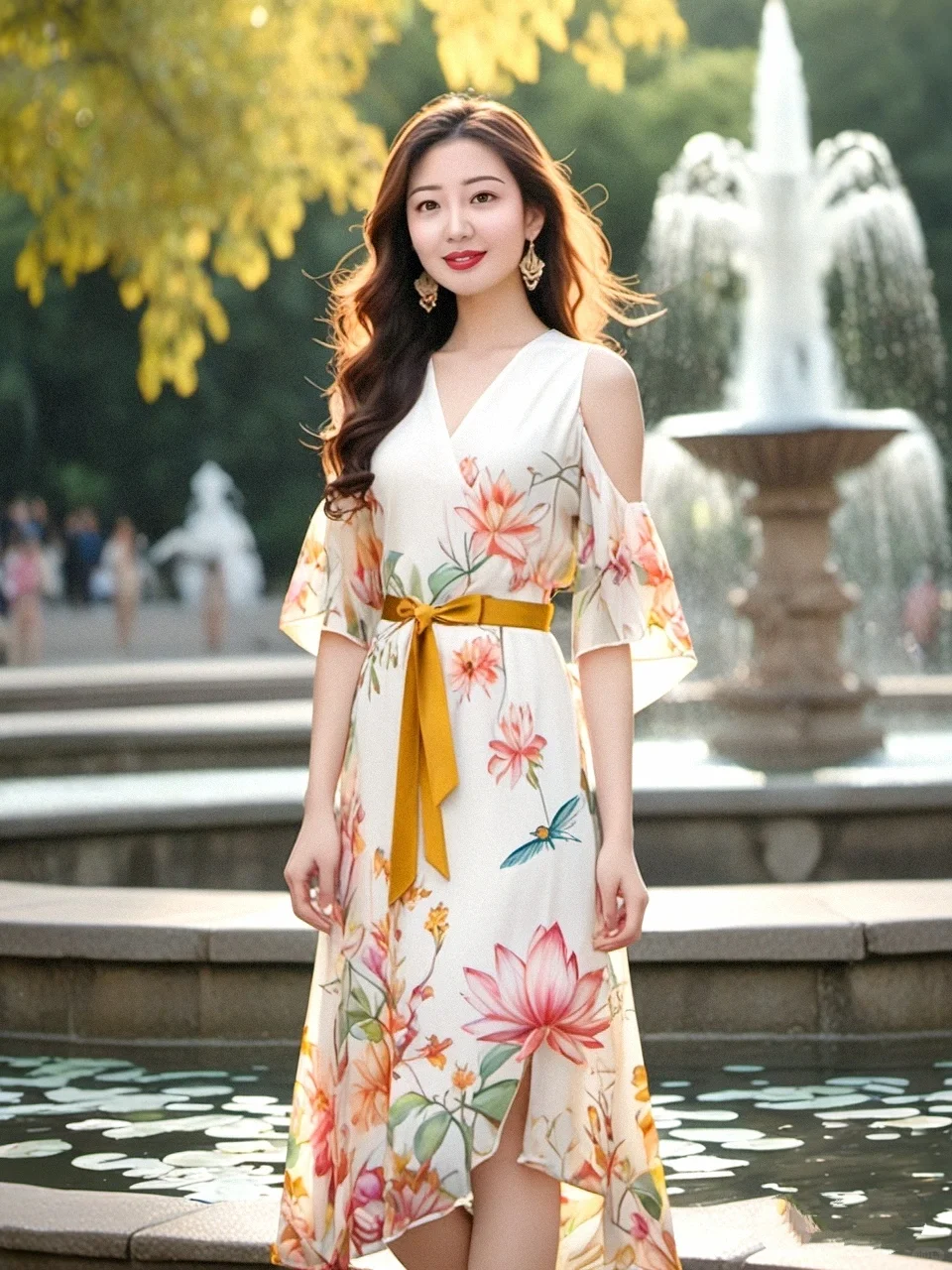 藕荷色碎花薄绉纱连衣裙-美女真人写真