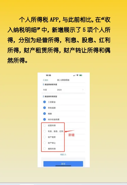 个税APP更新后，可以查询经营所得等5项所得