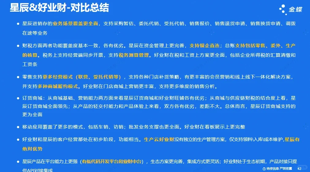 金蝶云星辰与用友好业财软件功能对比差异?