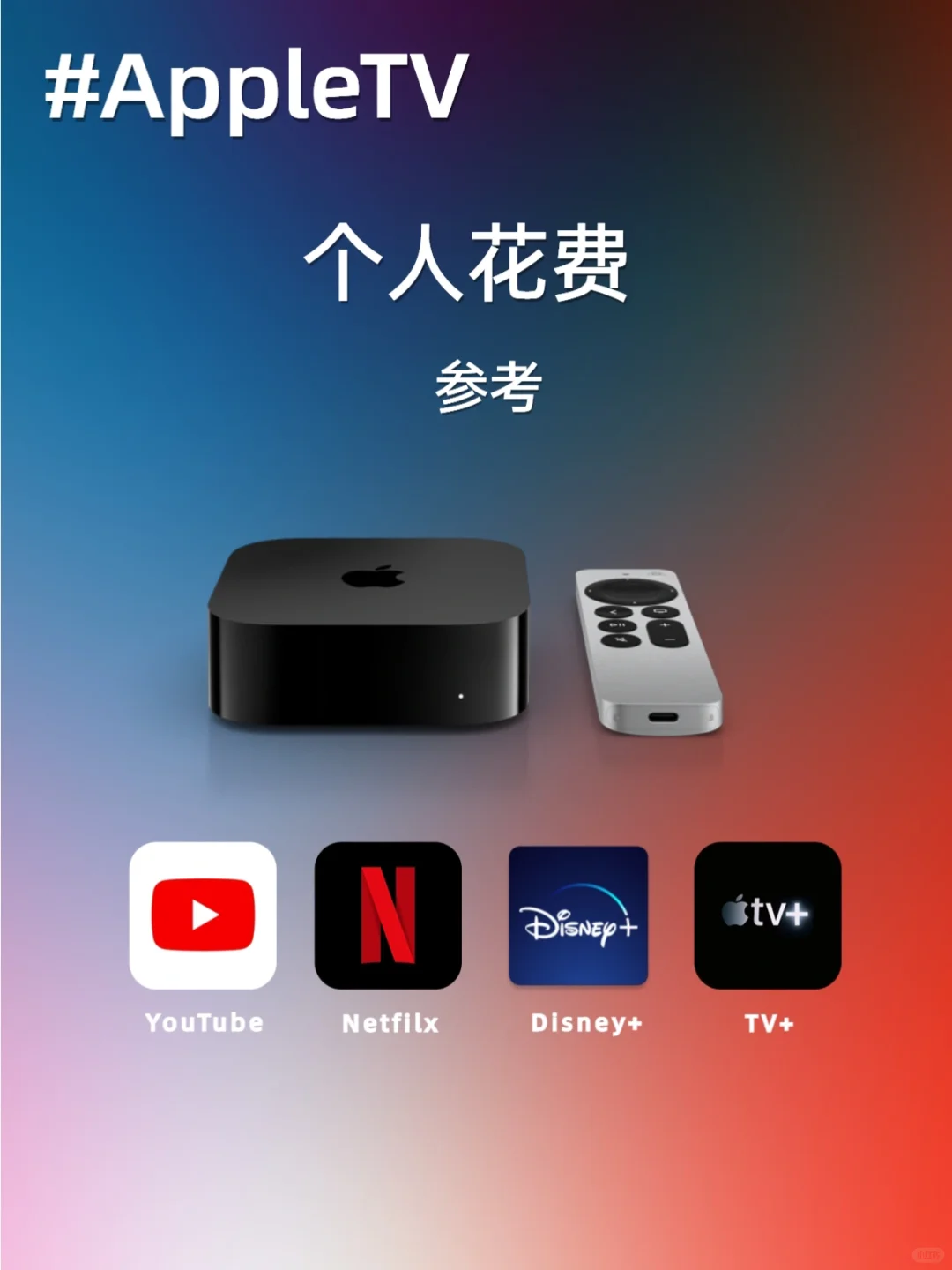 Apple TV 每月个人花费，仅供参考。
