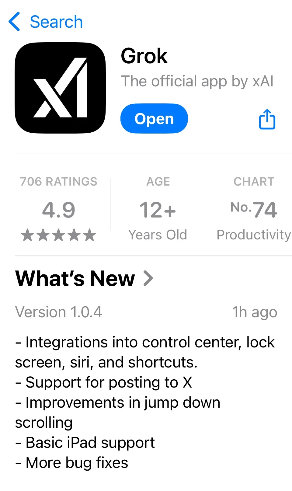 好消息：Grok 独立app登录苹果商店了