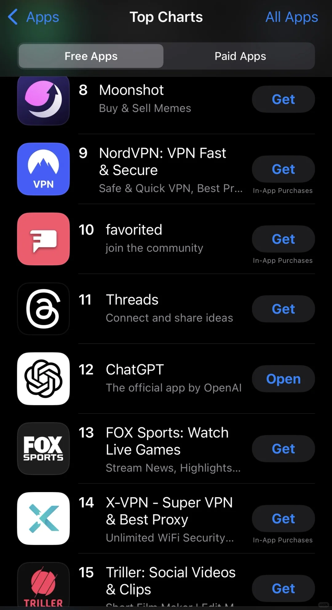 Tiktok下架后的美区App Store排行榜