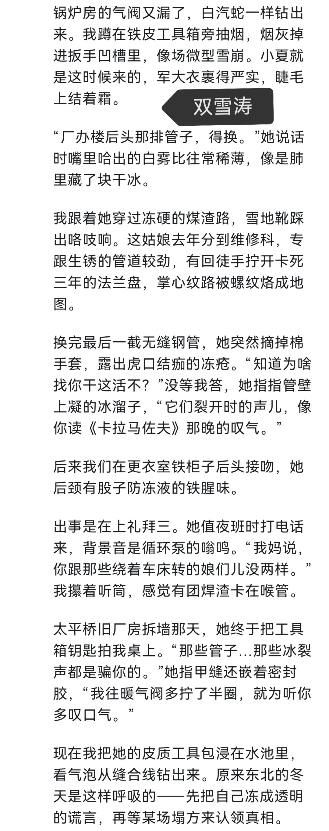 我让deepseek模仿双雪涛、班宇、林棹、陈春成等作家的风格写一对男女分别前最