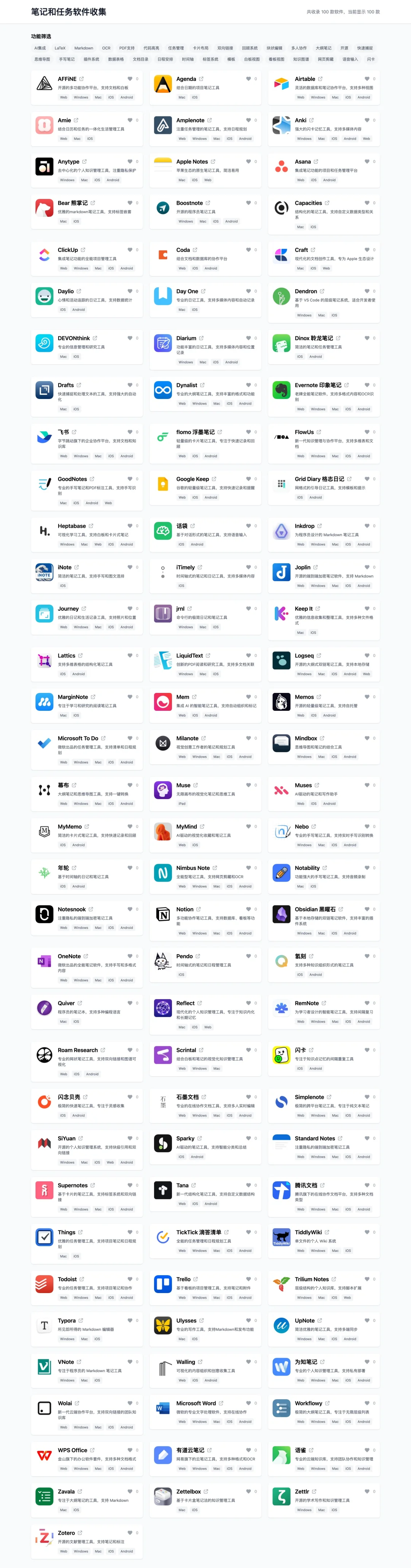 收集了100个笔记和任务app
