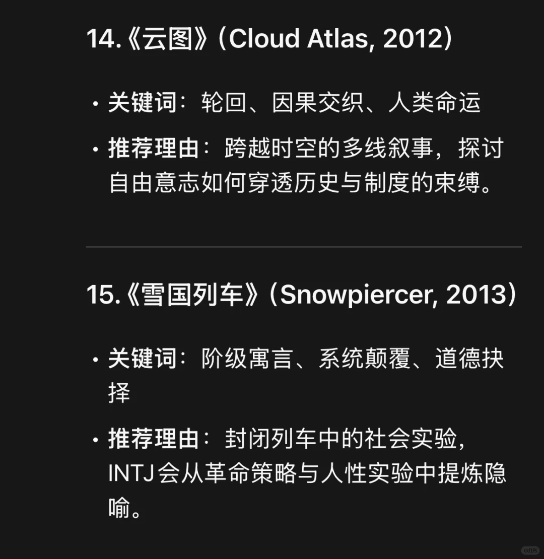 Deepseek给intj推荐的经典电影