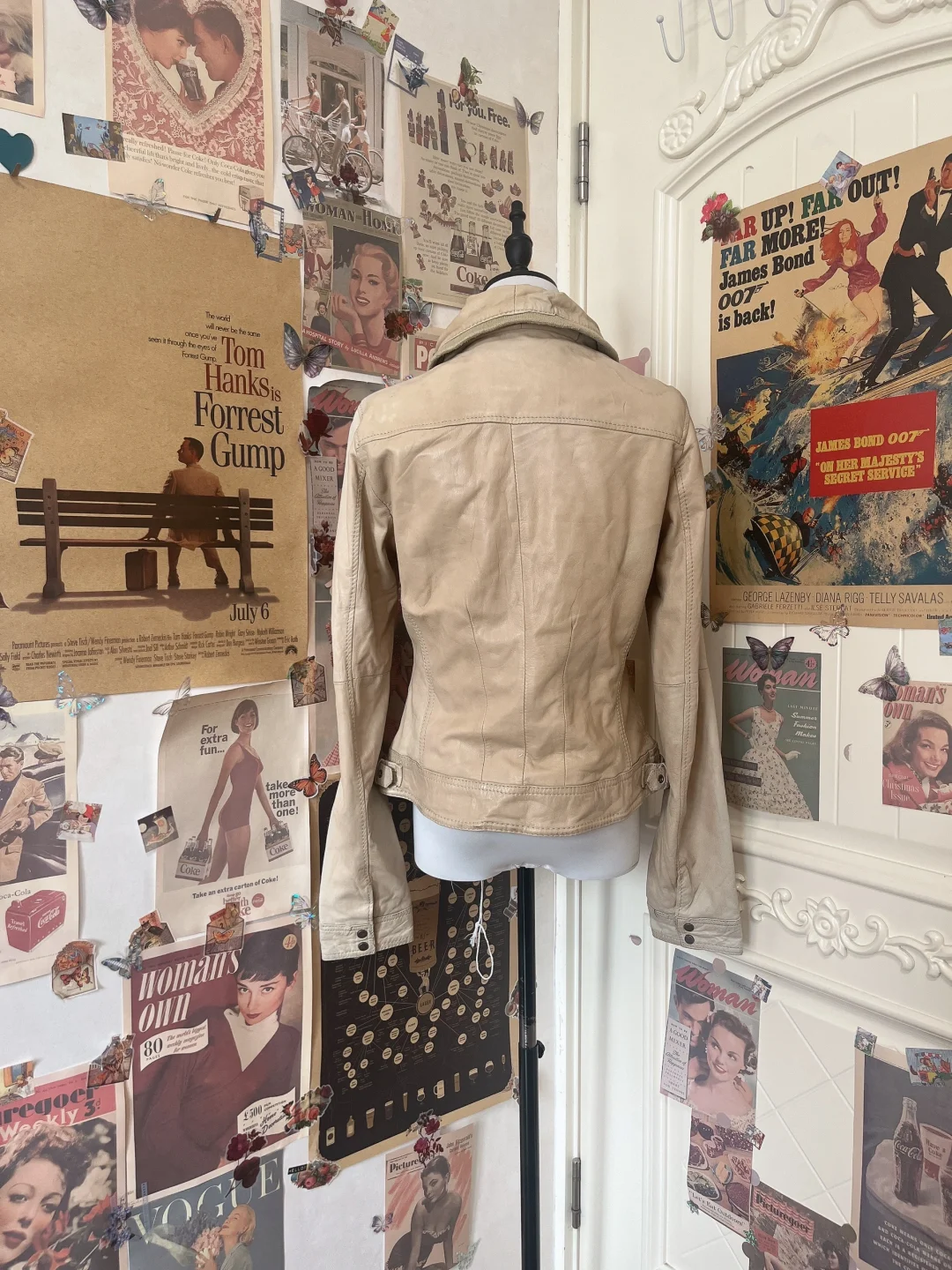 🌟Vintage 米色辣妹立领羊皮机车皮衣