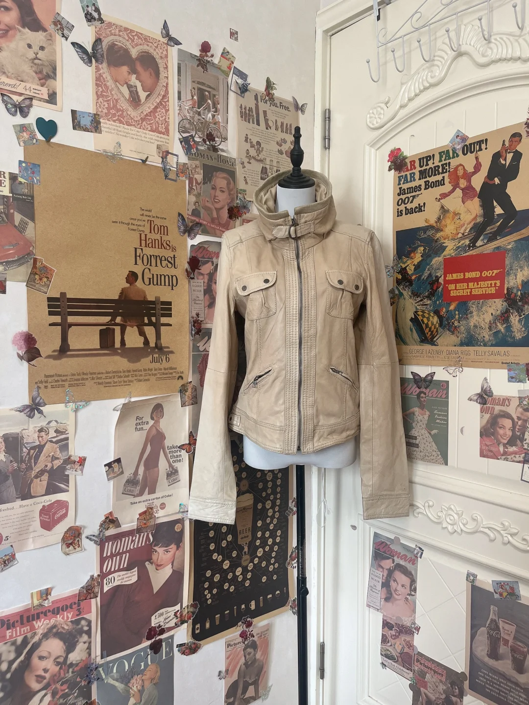 🌟Vintage 米色辣妹立领羊皮机车皮衣