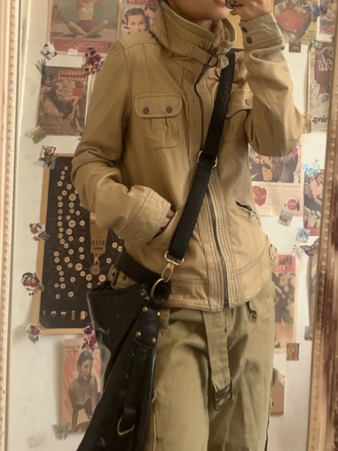 🌟Vintage 米色辣妹立领羊皮机车皮衣