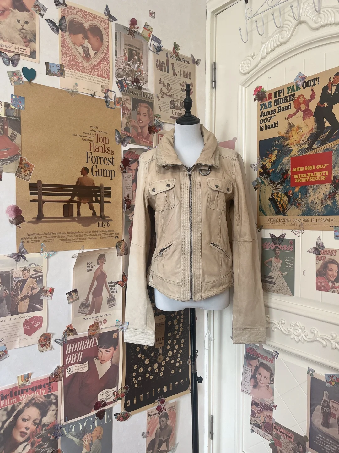 🌟Vintage 米色辣妹立领羊皮机车皮衣