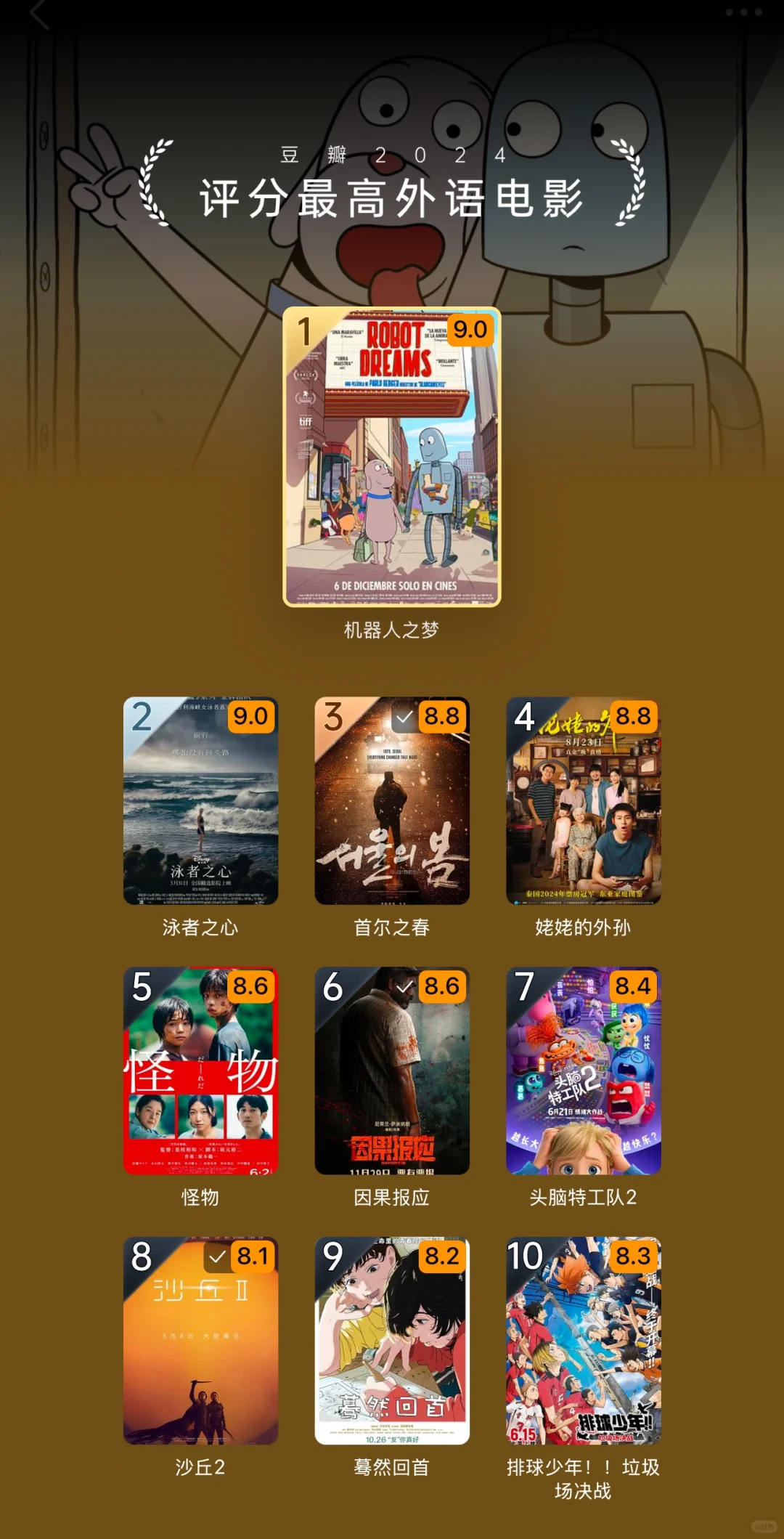 2024年豆瓣年度电影榜单公布！