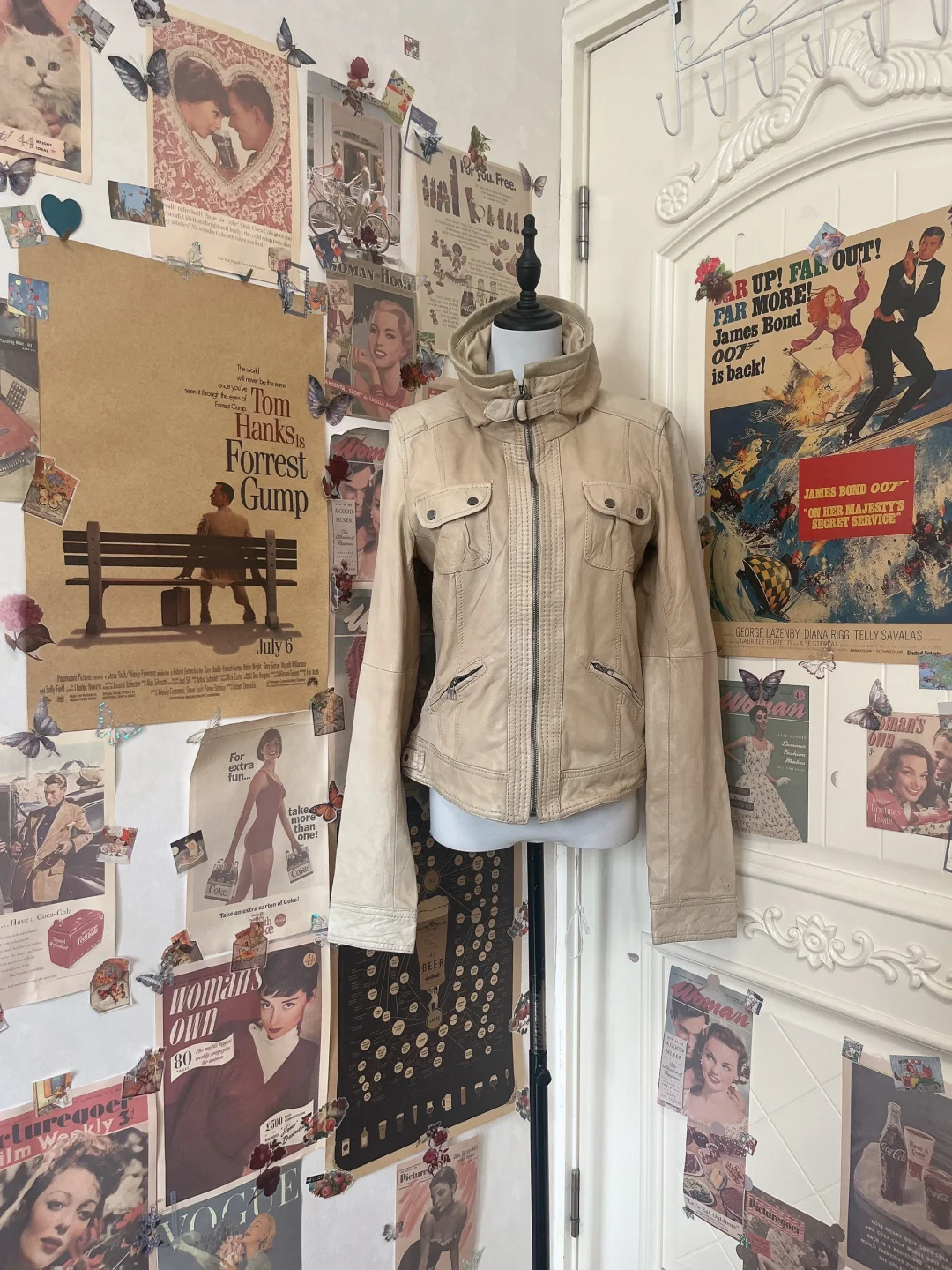 🌟Vintage 米色辣妹立领羊皮机车皮衣