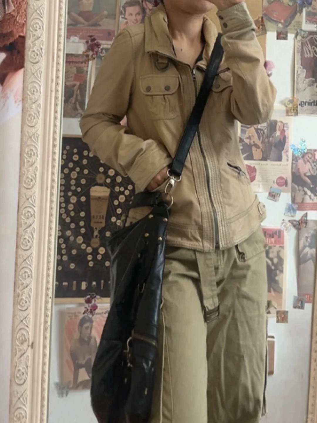 🌟Vintage 米色辣妹立领羊皮机车皮衣