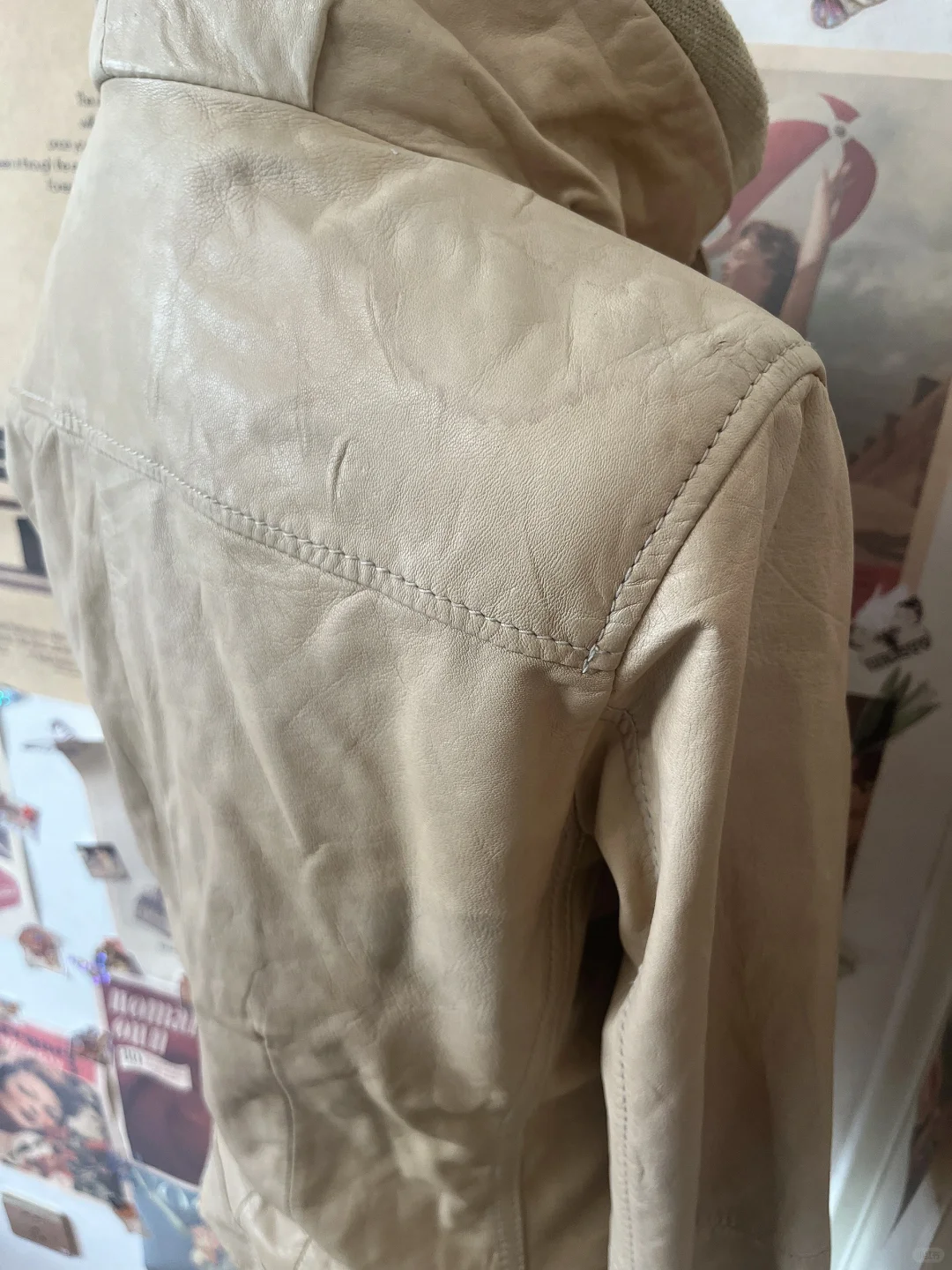 🌟Vintage 米色辣妹立领羊皮机车皮衣