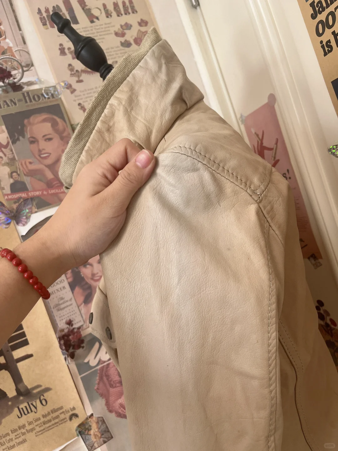 🌟Vintage 米色辣妹立领羊皮机车皮衣