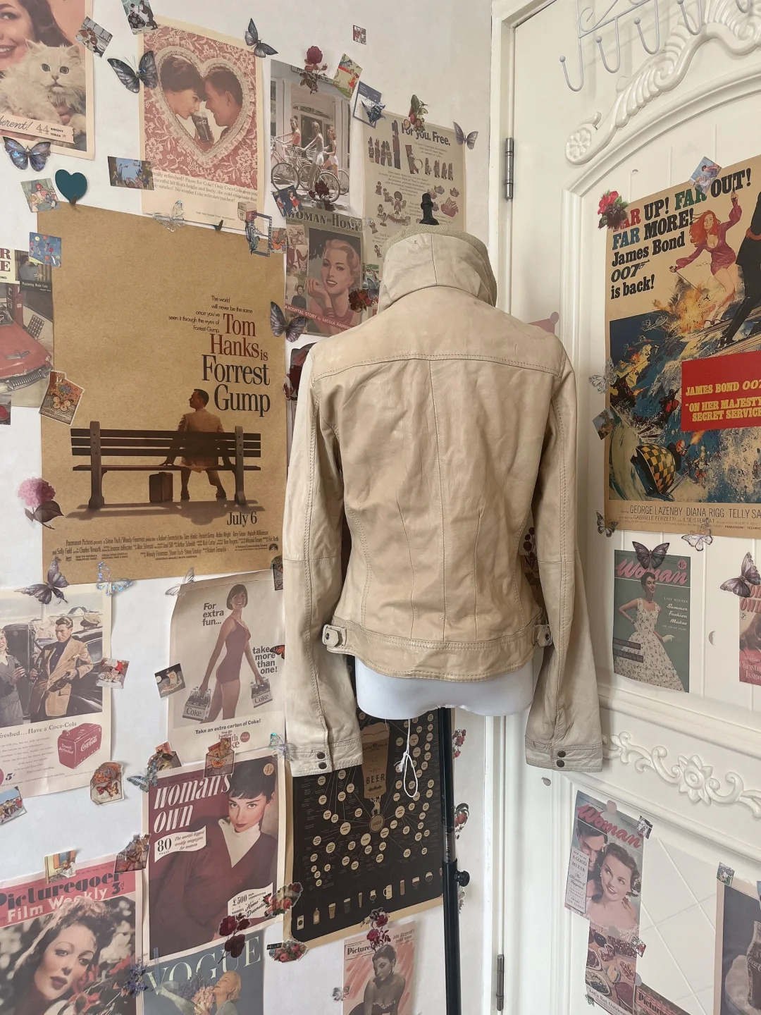 🌟Vintage 米色辣妹立领羊皮机车皮衣
