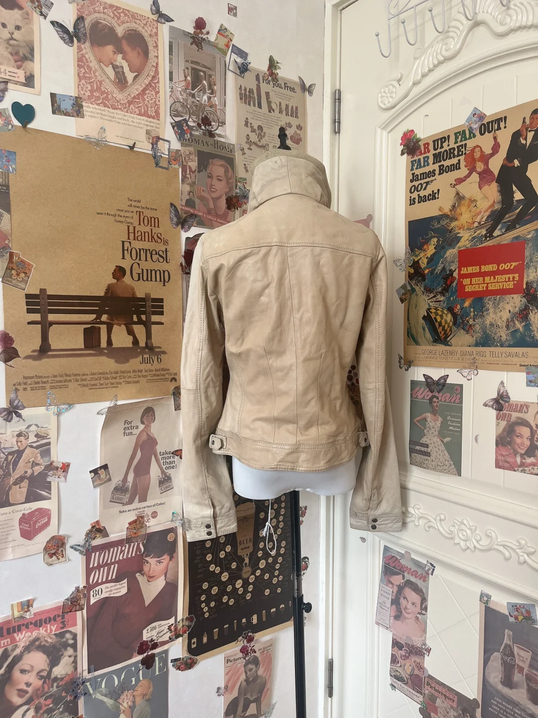 🌟Vintage 米色辣妹立领羊皮机车皮衣