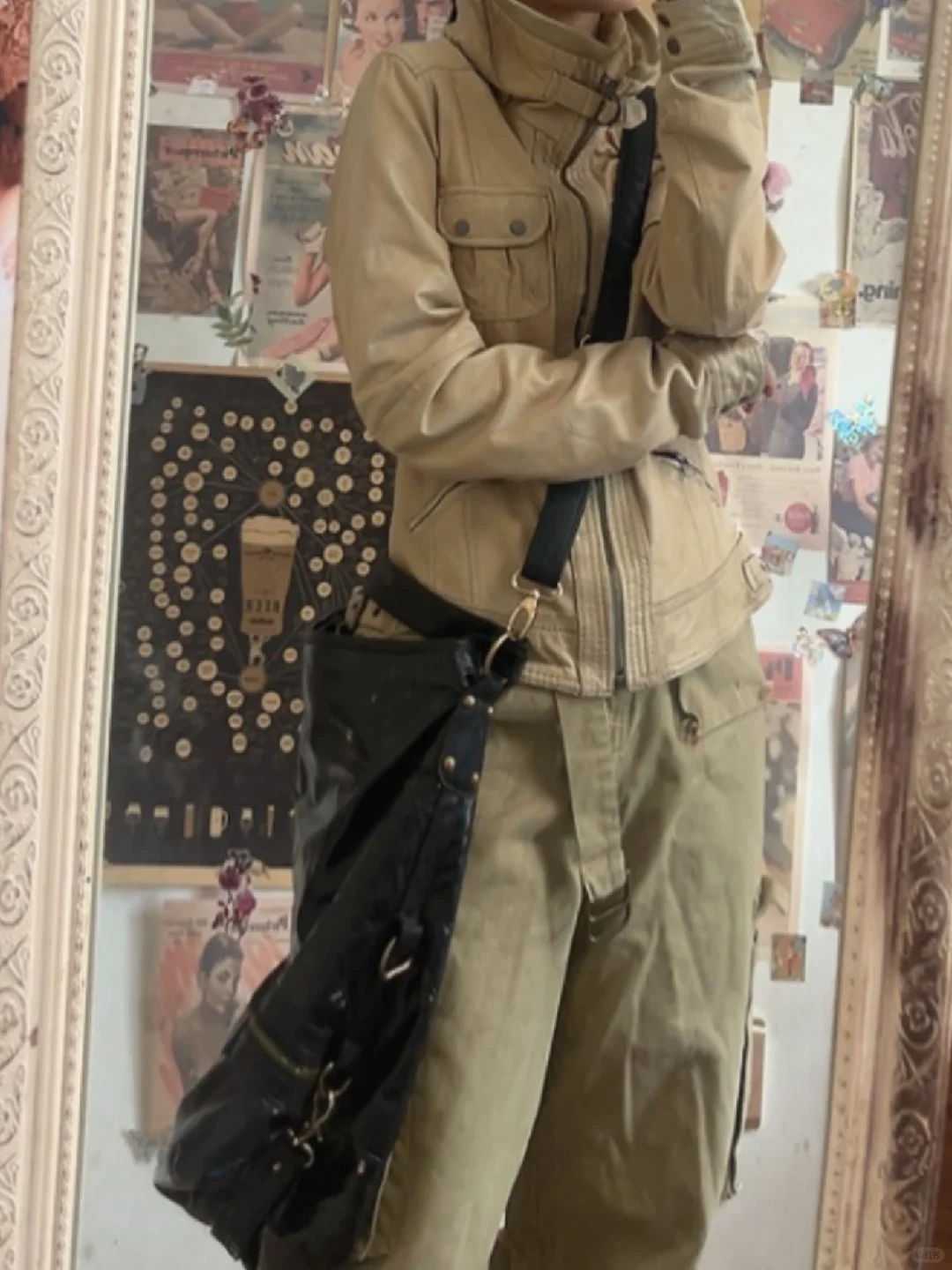 🌟Vintage 米色辣妹立领羊皮机车皮衣