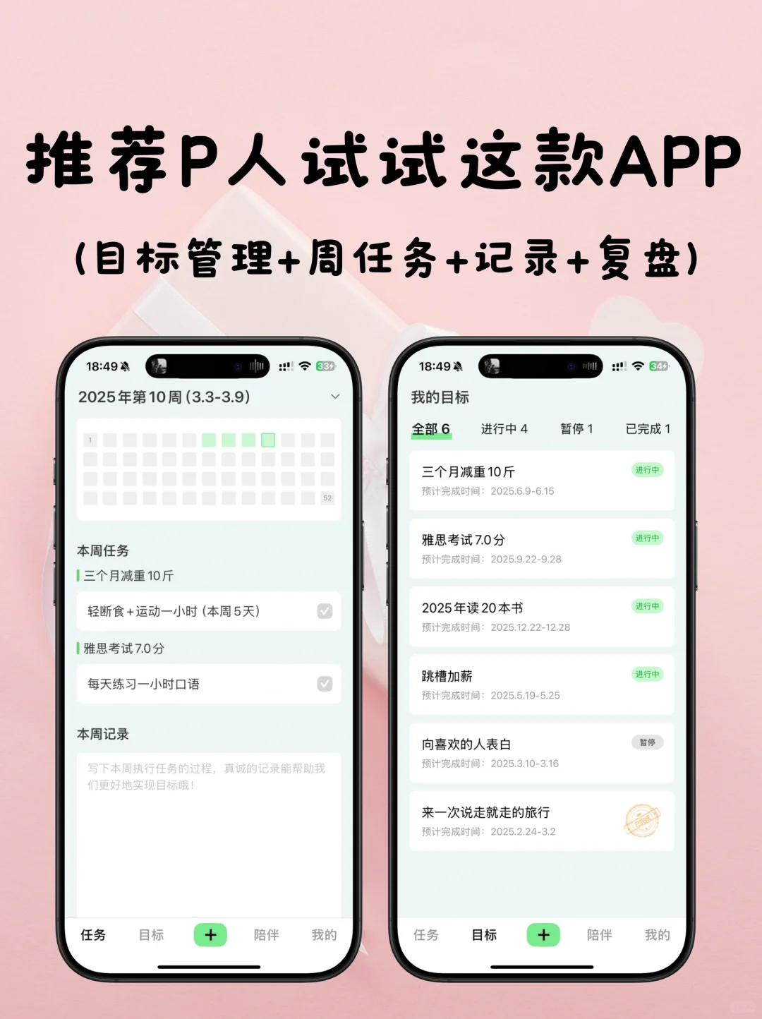 推荐P人试试～目标管理+周任务+记录+复盘