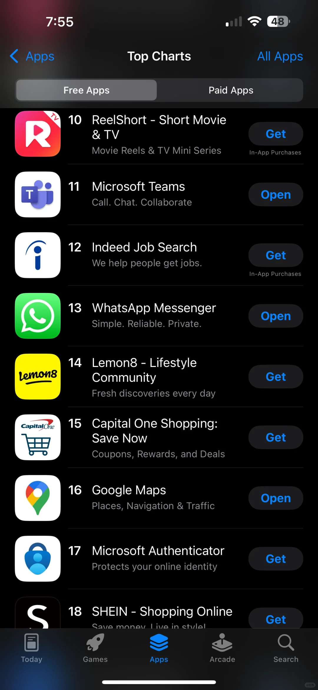 苹果商店免费apps, Deepseek迅速滑落到第25