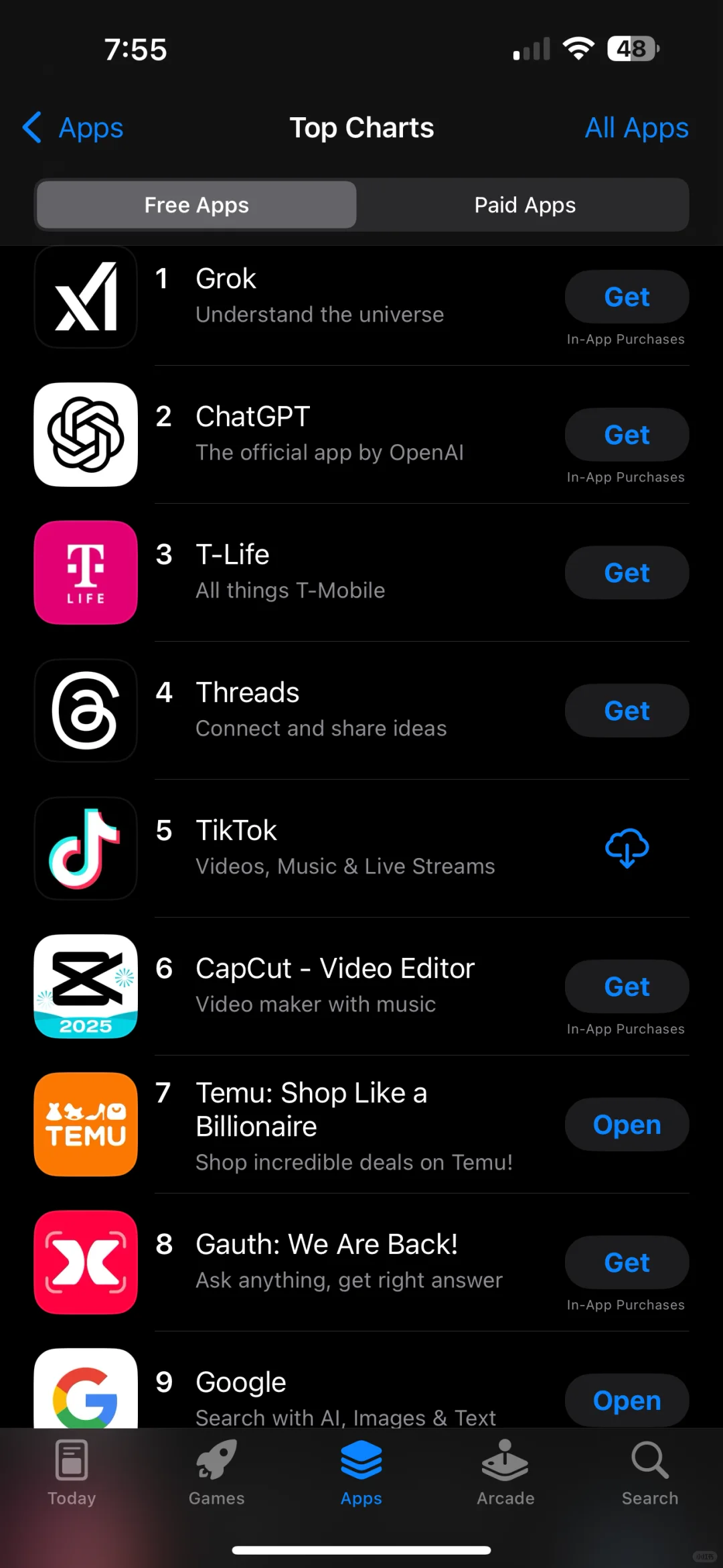 苹果商店免费apps, Deepseek迅速滑落到第25