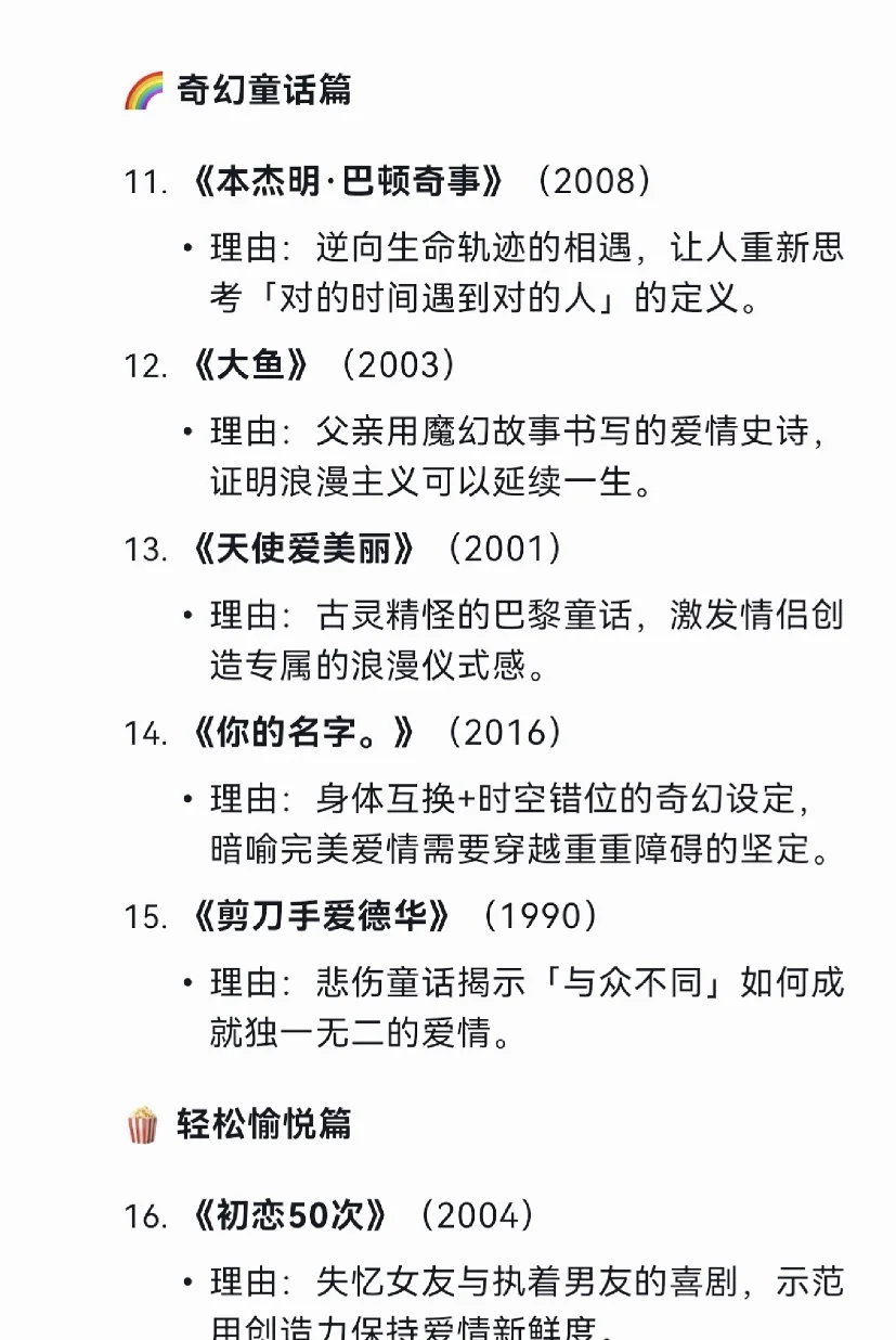 Deepseek推荐情侣一起看的20部电影🔥