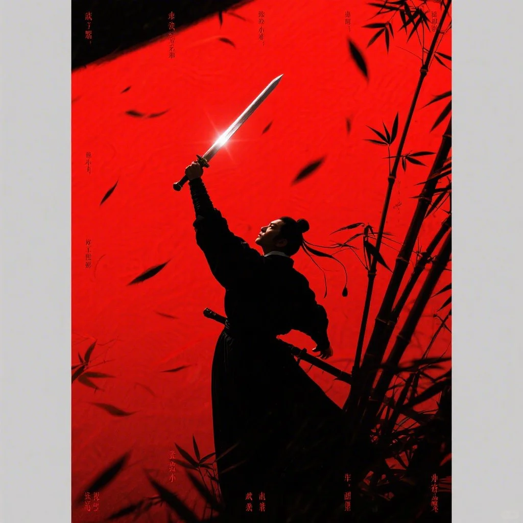 基于「电影海报设计，红色底色，俯视图，持